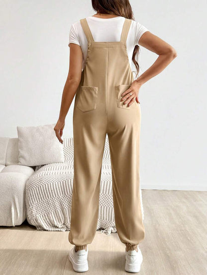 Blue Maternity Patch Pocket Casual Bib Overalls – Loose Fit Sleeveless Solid Color Jumpsuit with Straps and Medium Stretch Woven Fabric
