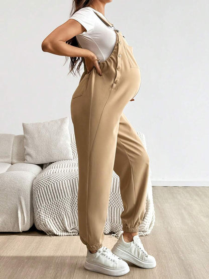 Blue Maternity Patch Pocket Casual Bib Overalls – Loose Fit Sleeveless Solid Color Jumpsuit with Straps and Medium Stretch Woven Fabric