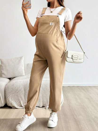 Blue Maternity Patch Pocket Casual Bib Overalls – Loose Fit Sleeveless Solid Color Jumpsuit with Straps and Medium Stretch Woven Fabric