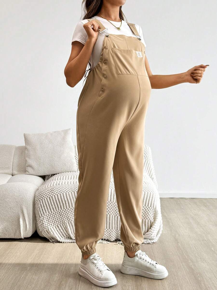 Blue Maternity Patch Pocket Casual Bib Overalls – Loose Fit Sleeveless Solid Color Jumpsuit with Straps and Medium Stretch Woven Fabric