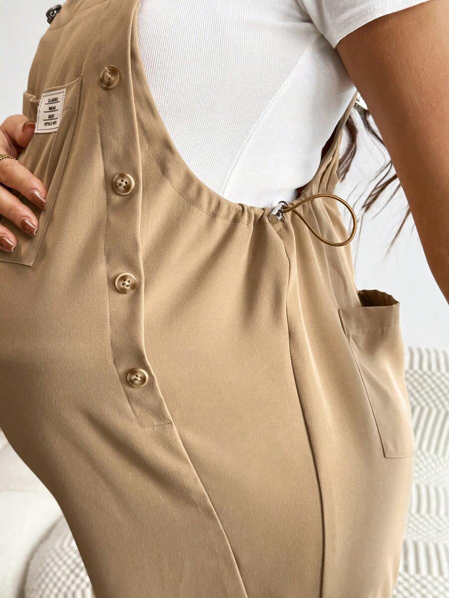 Blue Maternity Patch Pocket Casual Bib Overalls – Loose Fit Sleeveless Solid Color Jumpsuit with Straps and Medium Stretch Woven Fabric