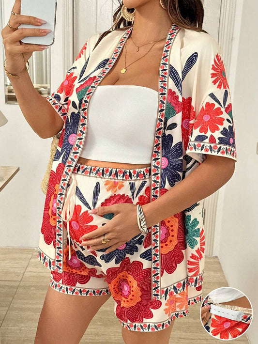 Maternity Floral Print Kimono Cardigan and Adjustable Shorts 2 Piece Set Boho Long Sleeve Summer Beach Vacation Maternity Outfit