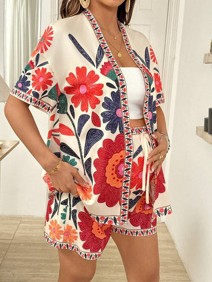 Maternity Floral Print Kimono Cardigan and Adjustable Shorts 2 Piece Set Boho Long Sleeve Summer Beach Vacation Maternity Outfit