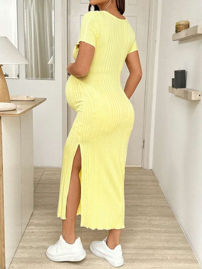 Maternity Bodycon Midi Dress - Round Neck, Short Sleeve, Side Slit, Slim Fit, Light Grey
