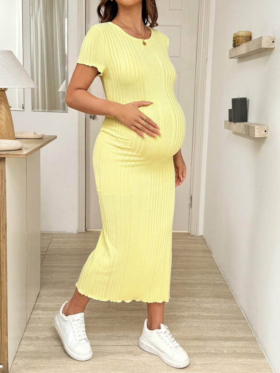 Maternity Bodycon Midi Dress - Round Neck, Short Sleeve, Side Slit, Slim Fit, Light Grey
