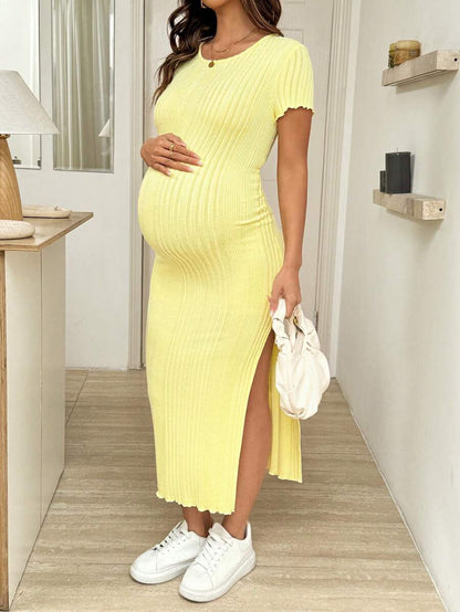 Maternity Bodycon Midi Dress - Round Neck, Short Sleeve, Side Slit, Slim Fit, Light Grey