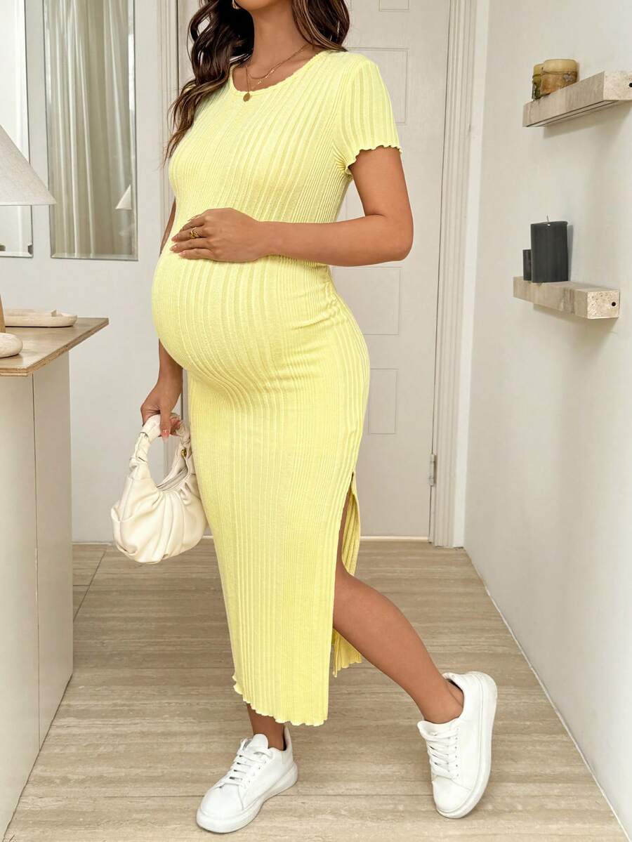 Maternity Short Sleeve Side Slit Midi Dress Elegant Slim Fit Round Neck Bodycon Knitted Dress for Summer Holiday and Spring Break