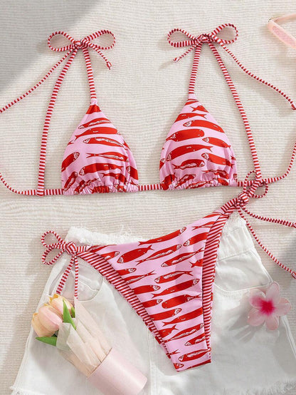 Womens Fashionable Sweet Shoulder Tie Side Bow Bikini Swimwear Removable Padded Two Piece Swimsuit Set