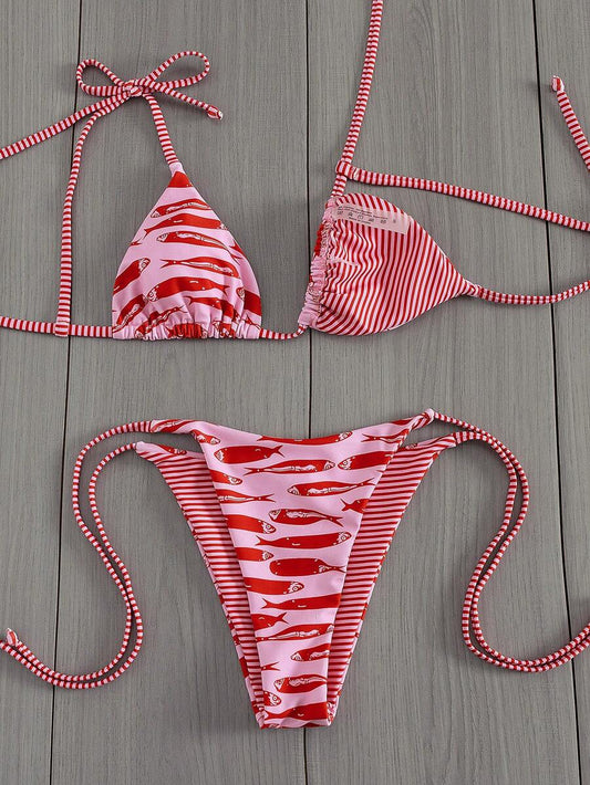 Womens Fashionable Sweet Shoulder Tie Side Bow Bikini Swimwear Removable Padded Two Piece Swimsuit Set