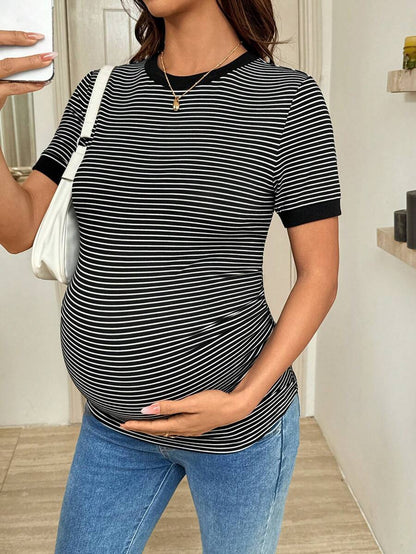 Maternity T-Shirt - Striped Round Neck Short Sleeve Casual Versatile Soft Stretch, Nursing Top