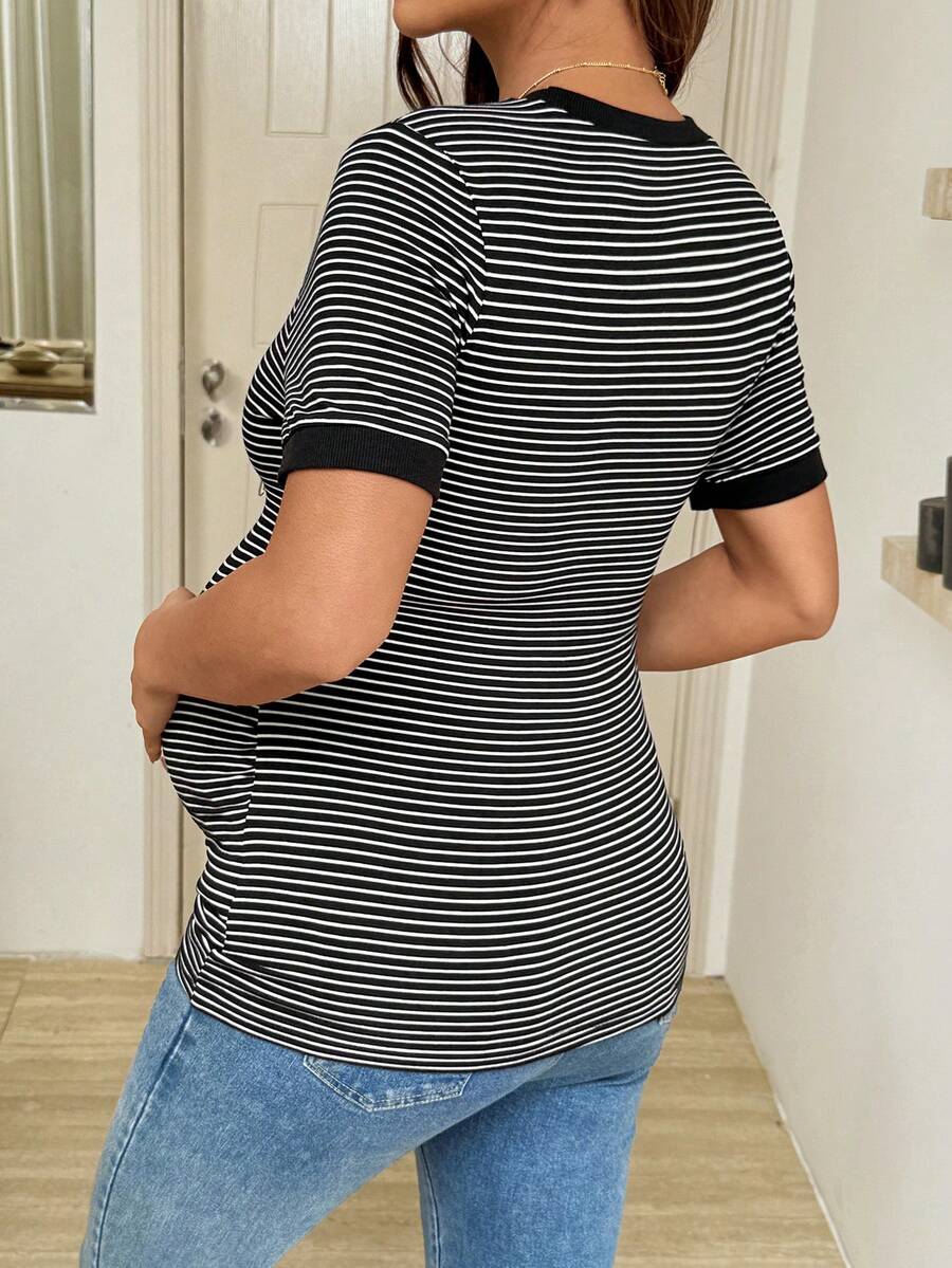 Maternity T-Shirt - Striped Round Neck Short Sleeve Casual Versatile Soft Stretch, Nursing Top