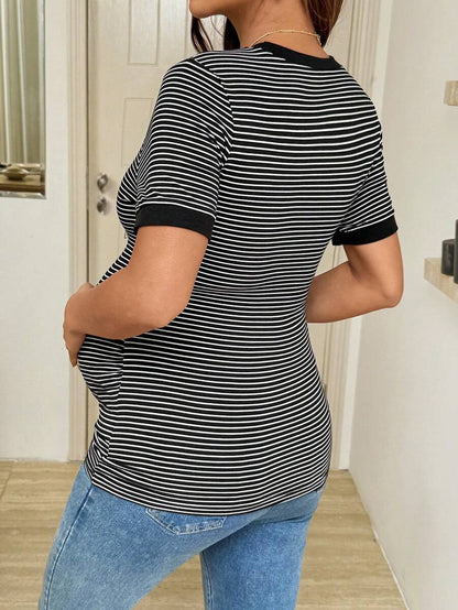 Maternity Striped Short Sleeve T-Shirt - Rib-Knit, Round Neck, Slim Fit, Khaki