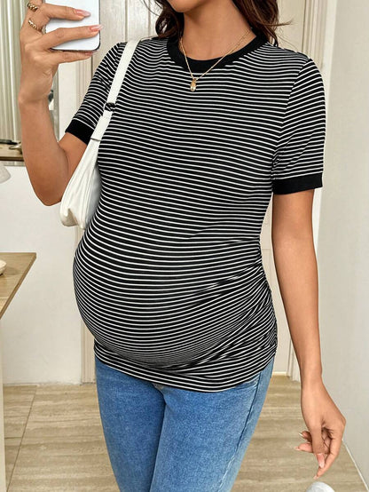 Maternity Striped Short Sleeve T-Shirt - Rib-Knit, Round Neck, Slim Fit, Khaki