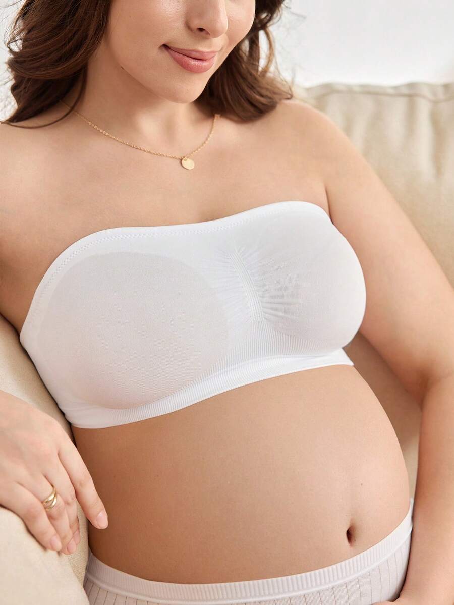 Maternity Bandeau Nursing Bra - Seamless Strapless High Elasticity Ruched Minimalist, Skin Tone