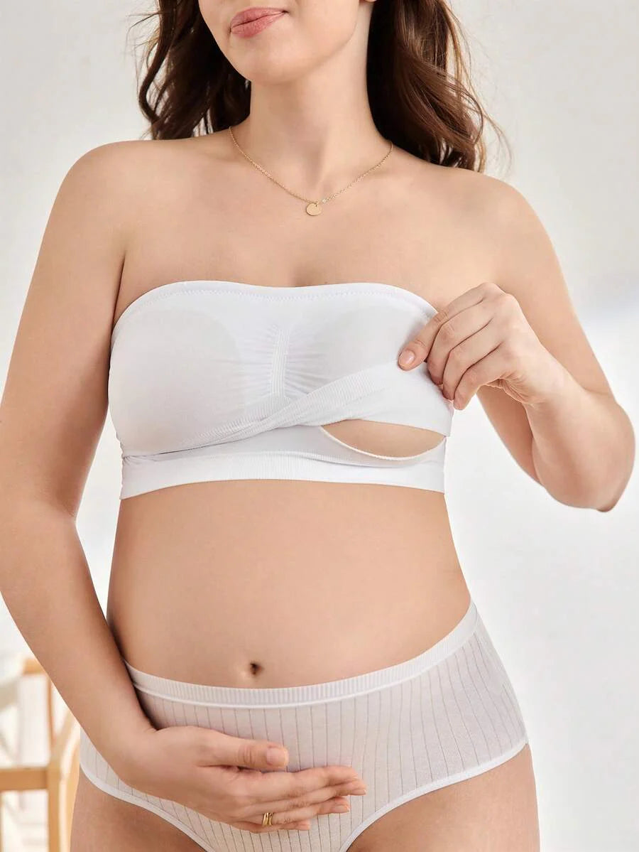 Maternity Bandeau Nursing Bra - Seamless Strapless High Elasticity Ruched Minimalist, Skin Tone