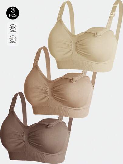3-Pack Seamless Nursing Bras in Black, Burgundy & Nude, Wireless Maternity Sleep Bra with Front Clasp and Removable Padding