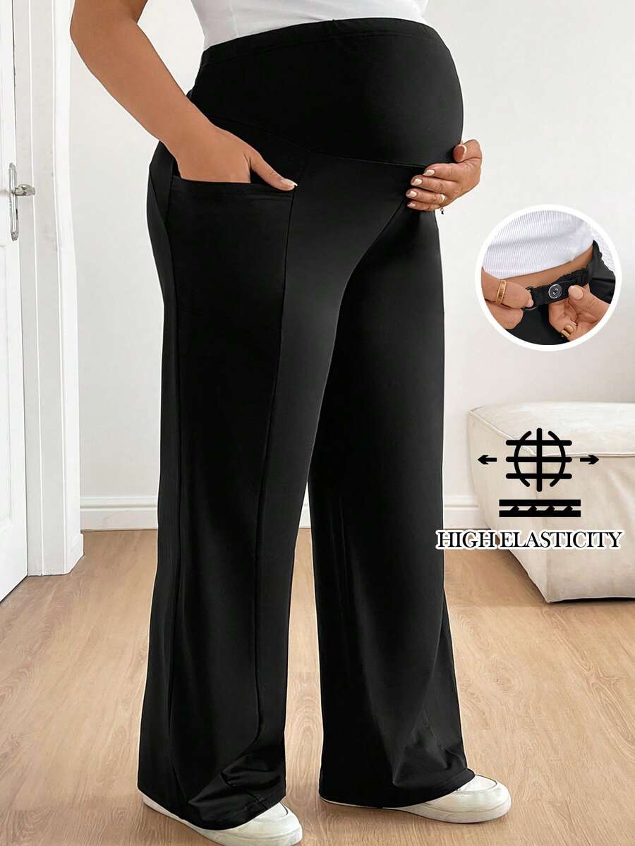 Plus Size Maternity Wide Leg Pants - Adjustable Ultra High Waist, Army Green