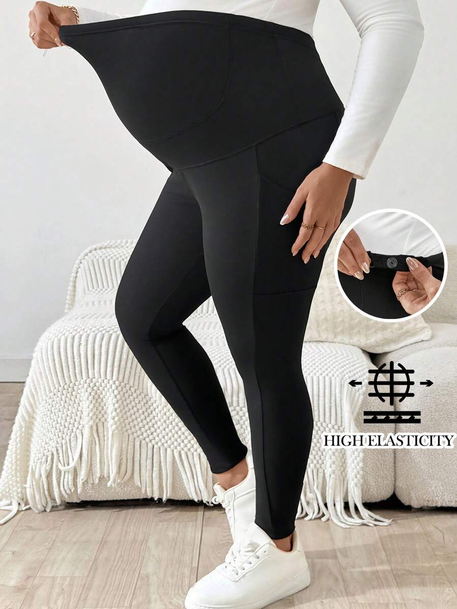 Plus Size Maternity Leggings - Adjustable Waist, Phone Pocket, Ultra High Waist, Slim Fit, Royal Blue