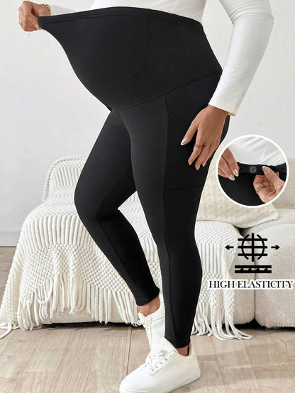 Plus Size Maternity Leggings - Adjustable Waist, Phone Pocket, Ultra High Waist, Slim Fit, Royal Blue