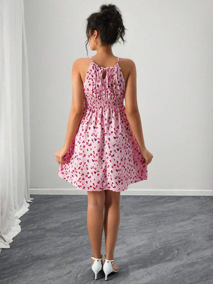 Maternity Women's Cinched Waist Ditsy Floral Sleeveless Spaghetti Strap Holiday Dress
