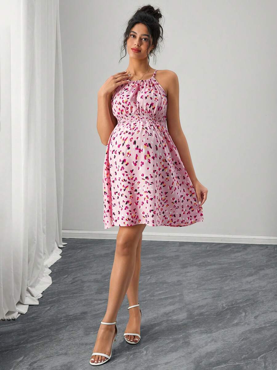 Maternity Women's Cinched Waist Ditsy Floral Sleeveless Spaghetti Strap Holiday Dress