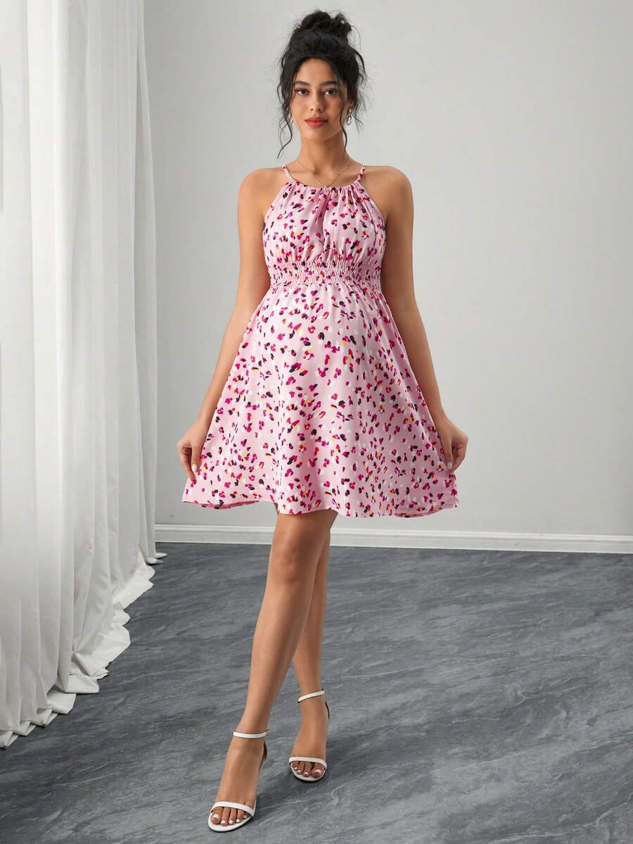 Maternity Dress - Ditsy Floral Sleeveless Spaghetti Strap Waist Cinched, Summer Vacation Date