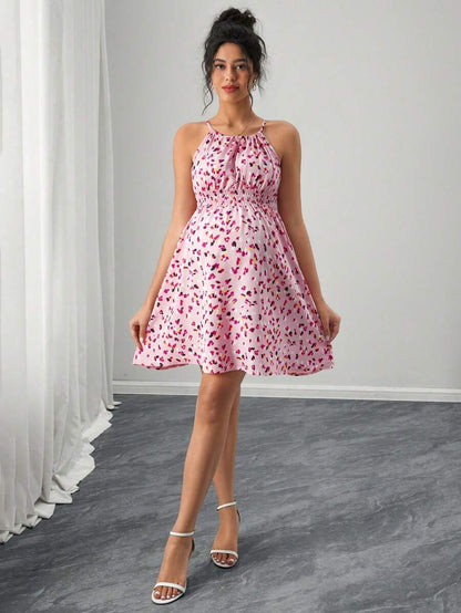 Maternity Dress - Ditsy Floral Sleeveless Spaghetti Strap Waist Cinched, Summer Vacation Date