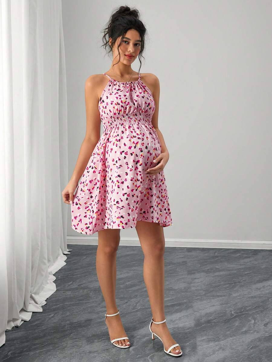 Women's Summer Waist Cinched Maternity Vacation Date Ditsy Floral Sleeveless Spaghetti Strap Dress