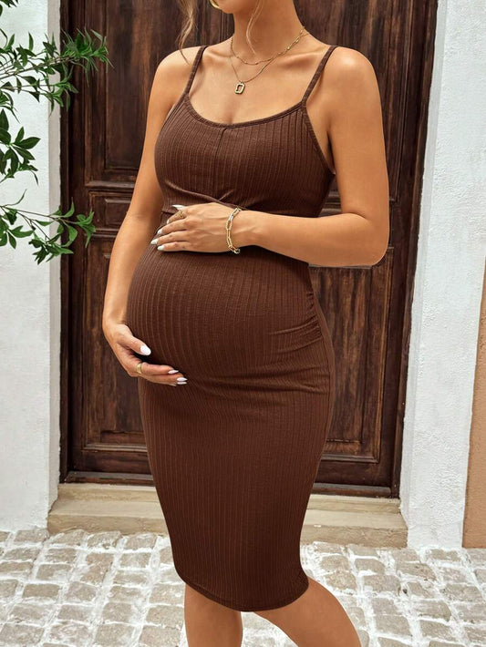 Maternity Summer Casual Coffee Brown Ribbed Bodycon Cami Dress Spaghetti Strap Slim Fit Short Pencil Pregnancy Dress for Beach