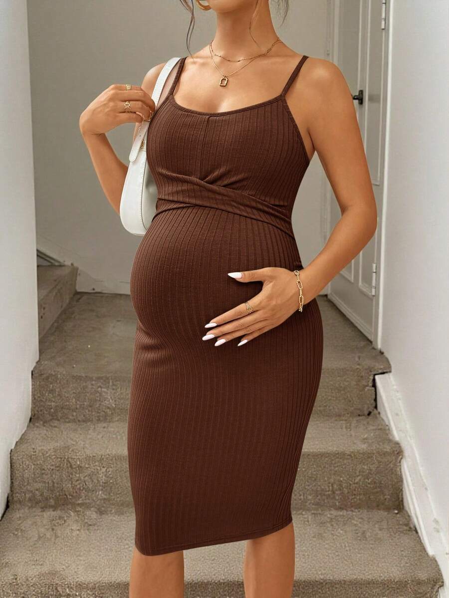 Hot Pink Fitted Spaghetti Strap Maternity Mini Dress - Summer Sleeveless Knit Pencil Hem Cami Dress for Beach and Casual Wear