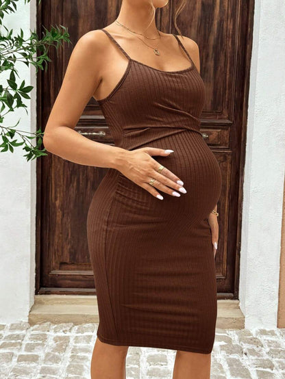 Maternity Summer Casual Coffee Brown Ribbed Bodycon Cami Dress Spaghetti Strap Slim Fit Short Pencil Pregnancy Dress for Beach
