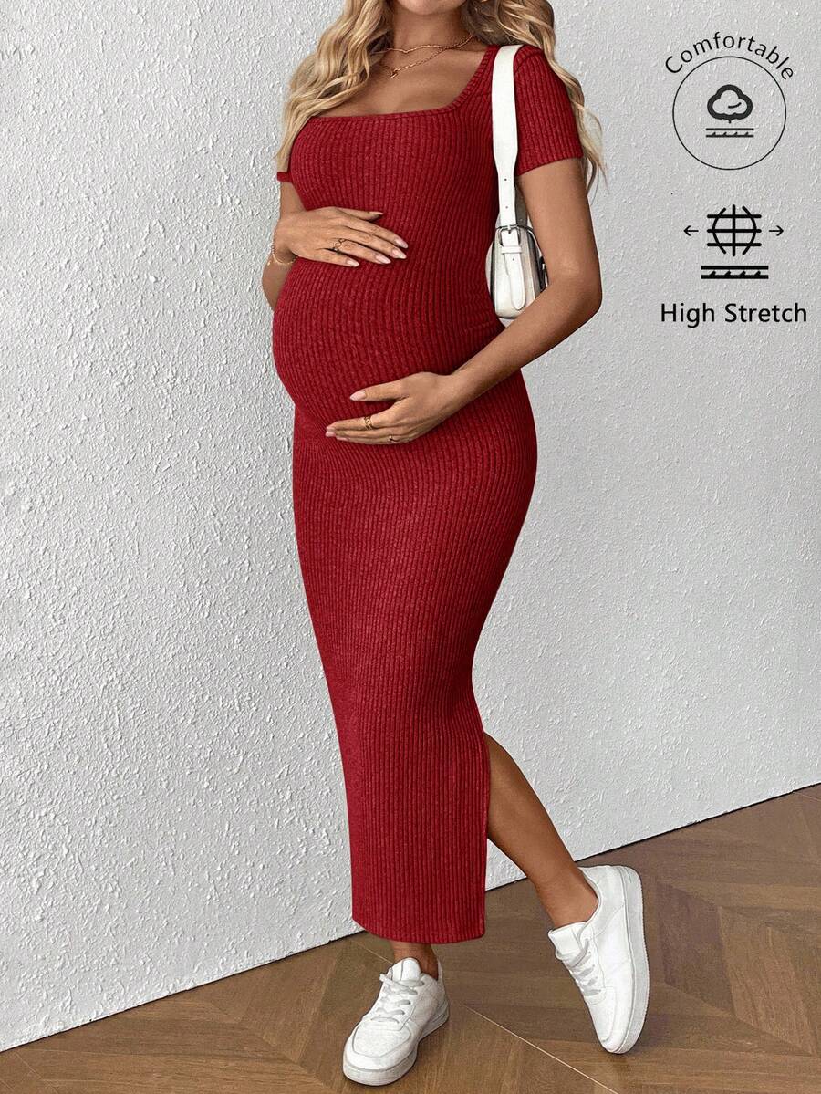 Maternity Square Neck Short Sleeve Midi Bodycon Dress with Side Slit - Sage Green Fitted Pregnancy Outfit - Soft Knit Maternity Wear