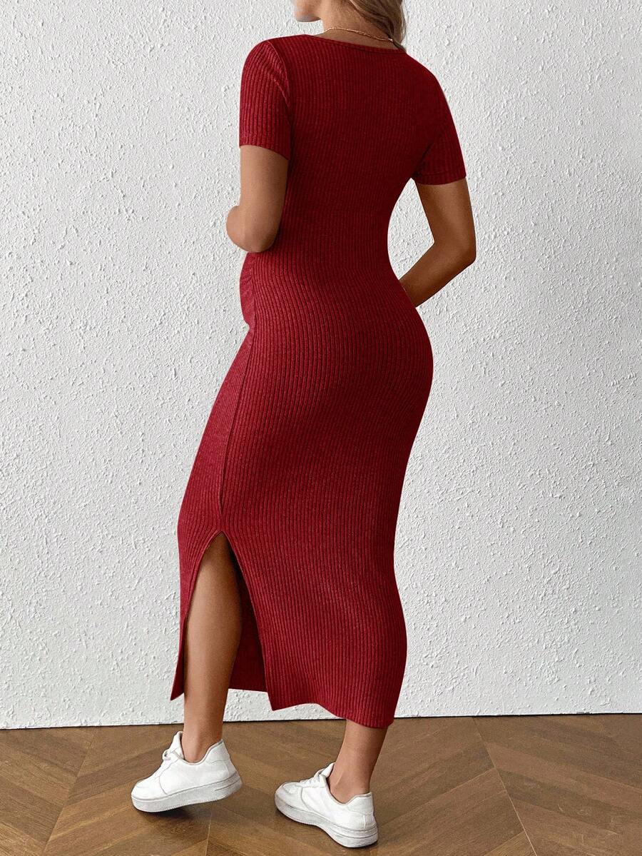 Maternity Square Neck Short Sleeve Midi Bodycon Dress with Side Slit - Sage Green Fitted Pregnancy Outfit - Soft Knit Maternity Wear