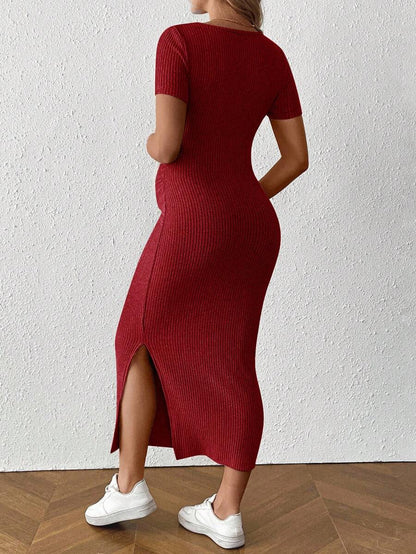 Maternity Square Neck Short Sleeve Midi Bodycon Dress with Side Slit - Sage Green Fitted Pregnancy Outfit - Soft Knit Maternity Wear