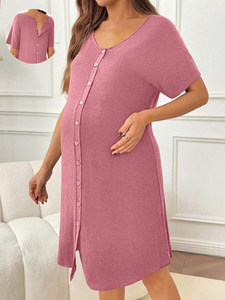Red V-Neck Button Front Maternity Nightgown - High Stretch Loose Fit Labor and Delivery Gown - Long Half Sleeve Hospital Sleepwear