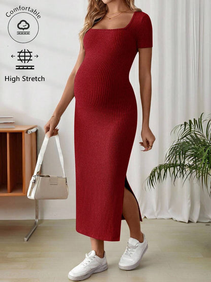 Maternity Square Neck Short Sleeve Midi Bodycon Dress with Side Slit - Sage Green Fitted Pregnancy Outfit - Soft Knit Maternity Wear