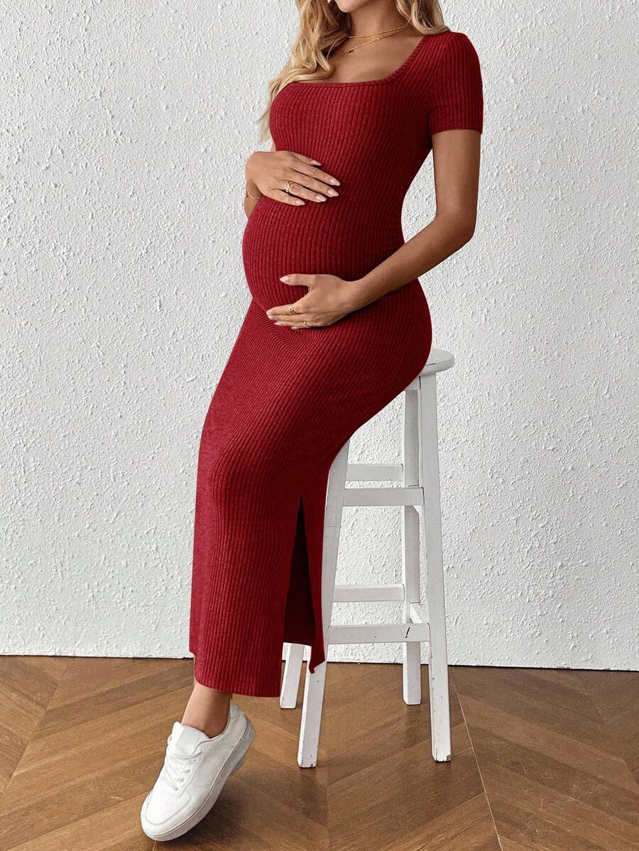 Maternity Square Neck Short Sleeve Midi Bodycon Dress with Side Slit - Sage Green Fitted Pregnancy Outfit - Soft Knit Maternity Wear