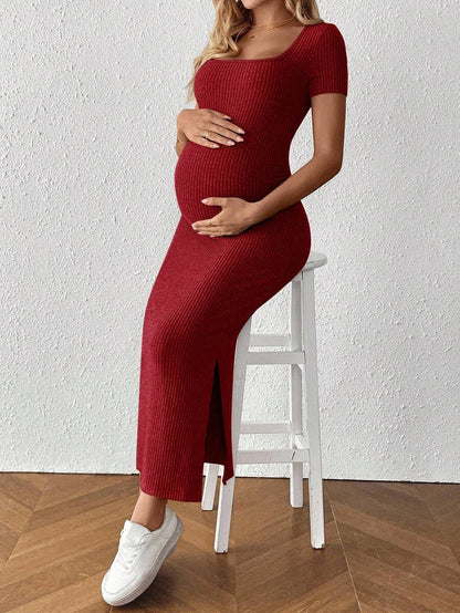 Maternity Square Neck Short Sleeve Midi Bodycon Dress with Side Slit - Sage Green Fitted Pregnancy Outfit - Soft Knit Maternity Wear