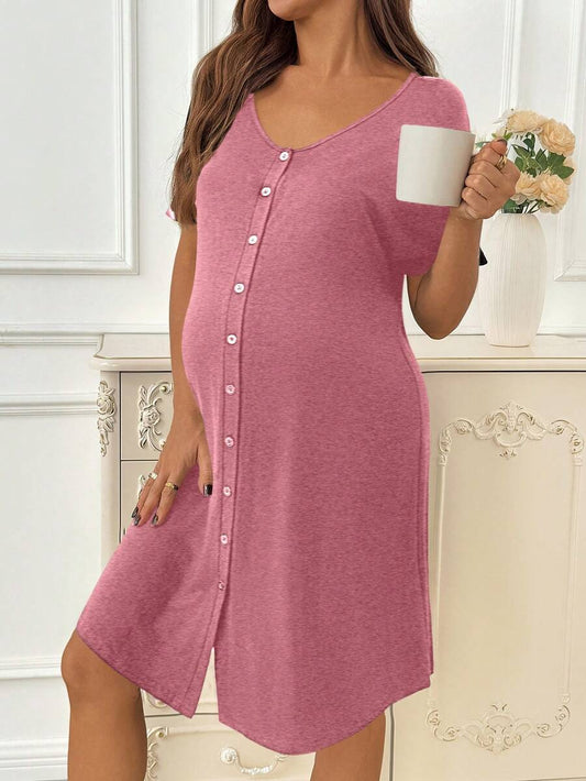 Red V-Neck Button Front Maternity Nightgown - High Stretch Loose Fit Labor and Delivery Gown - Long Half Sleeve Hospital Sleepwear