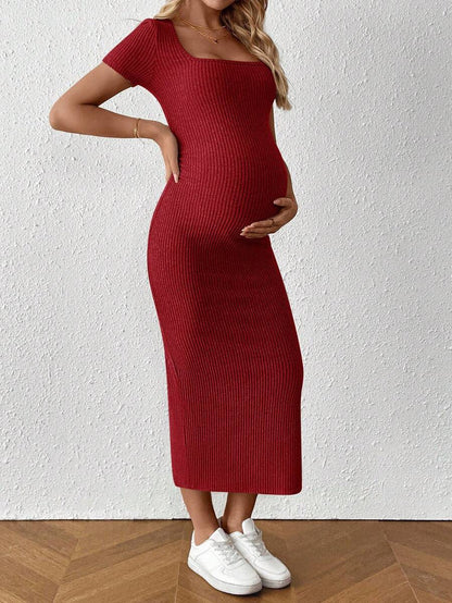 Maternity Square Neck Short Sleeve Midi Bodycon Dress with Side Slit - Sage Green Fitted Pregnancy Outfit - Soft Knit Maternity Wear