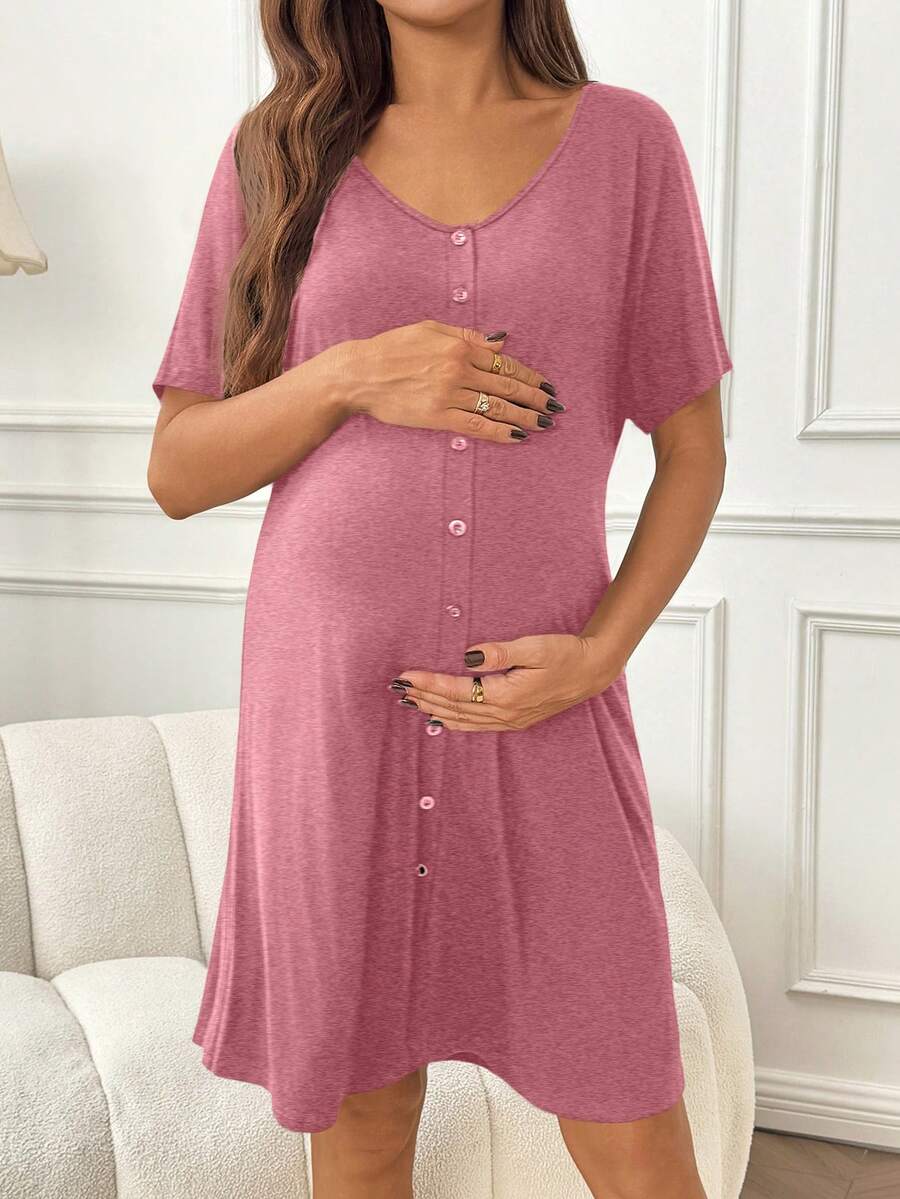 Red V-Neck Button Front Maternity Nightgown - High Stretch Loose Fit Labor and Delivery Gown - Long Half Sleeve Hospital Sleepwear