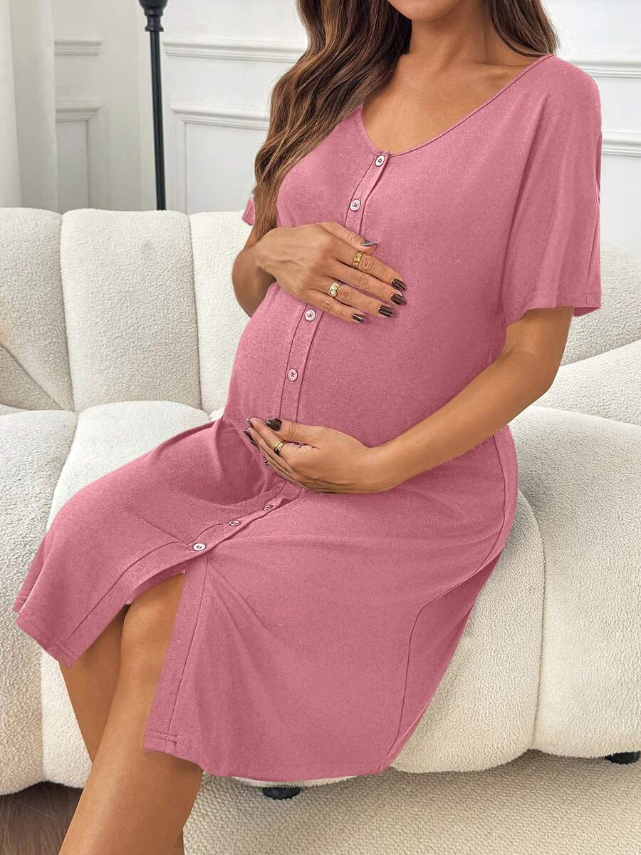 Red V-Neck Button Front Maternity Nightgown - High Stretch Loose Fit Labor and Delivery Gown - Long Half Sleeve Hospital Sleepwear