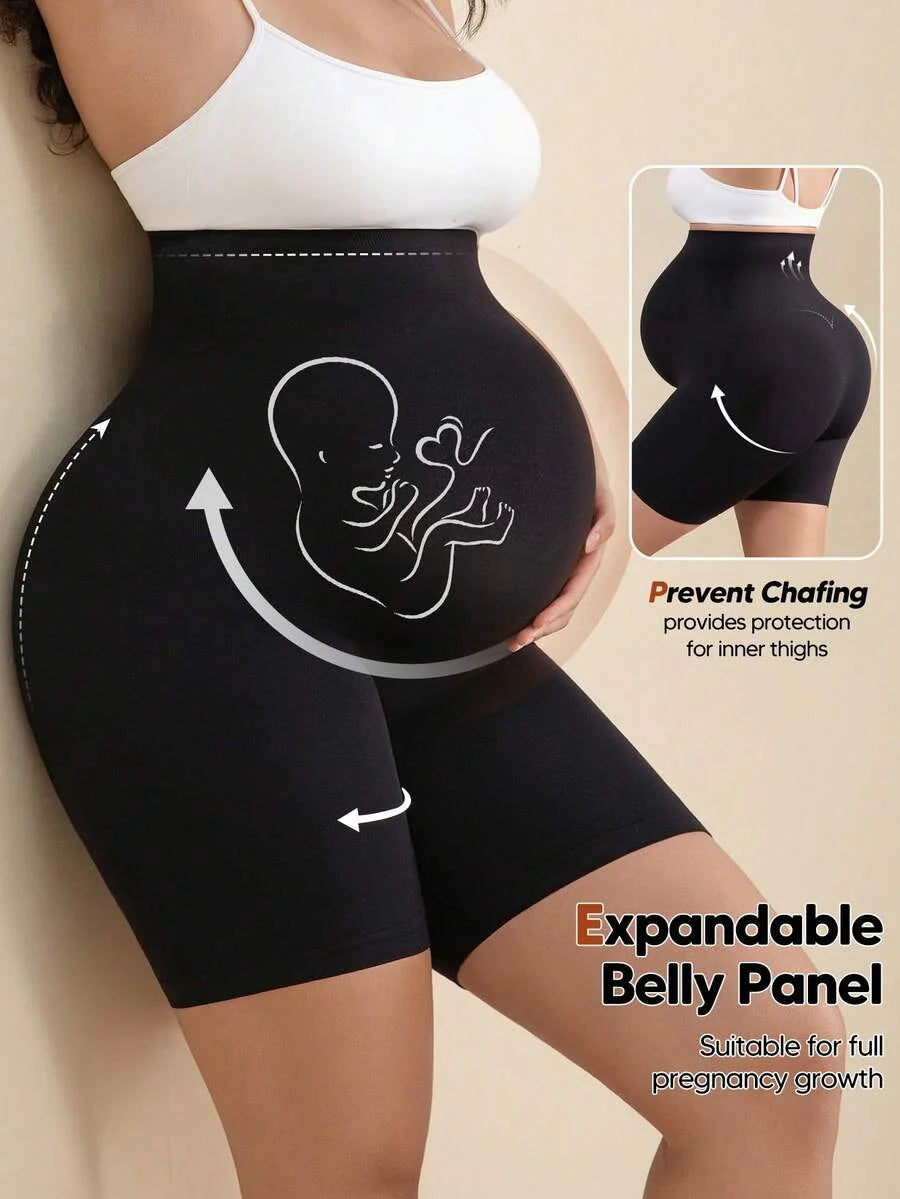 Maternity Belly Support Knee-Length Shorts, High Rise Elastic Black Shaping Briefs, Comfortable Daily Supportive Seamless Underwear