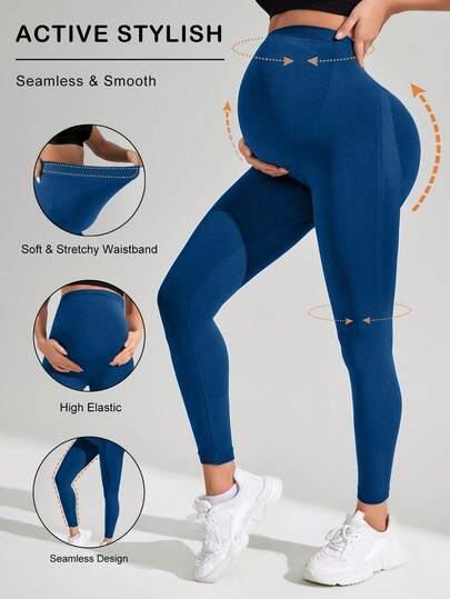 Navy Blue High Waisted Maternity Yoga Leggings - High Stretch Skinny Fit Activewear - Seamless Comfort Daily Wear Pregnancy Tights