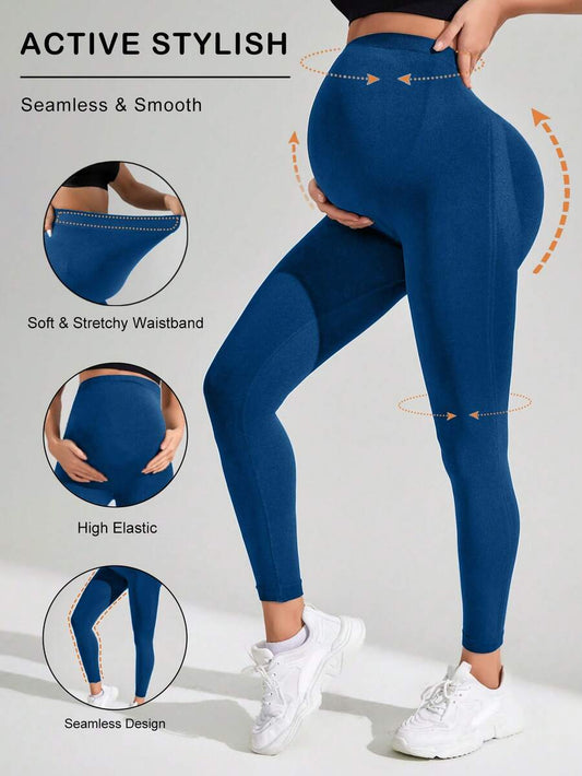 Navy Blue High Waisted Maternity Yoga Leggings - High Stretch Skinny Fit Activewear - Seamless Comfort Daily Wear Pregnancy Tights