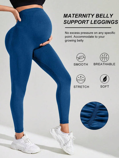 Navy Blue High Waisted Maternity Yoga Leggings - High Stretch Skinny Fit Activewear - Seamless Comfort Daily Wear Pregnancy Tights