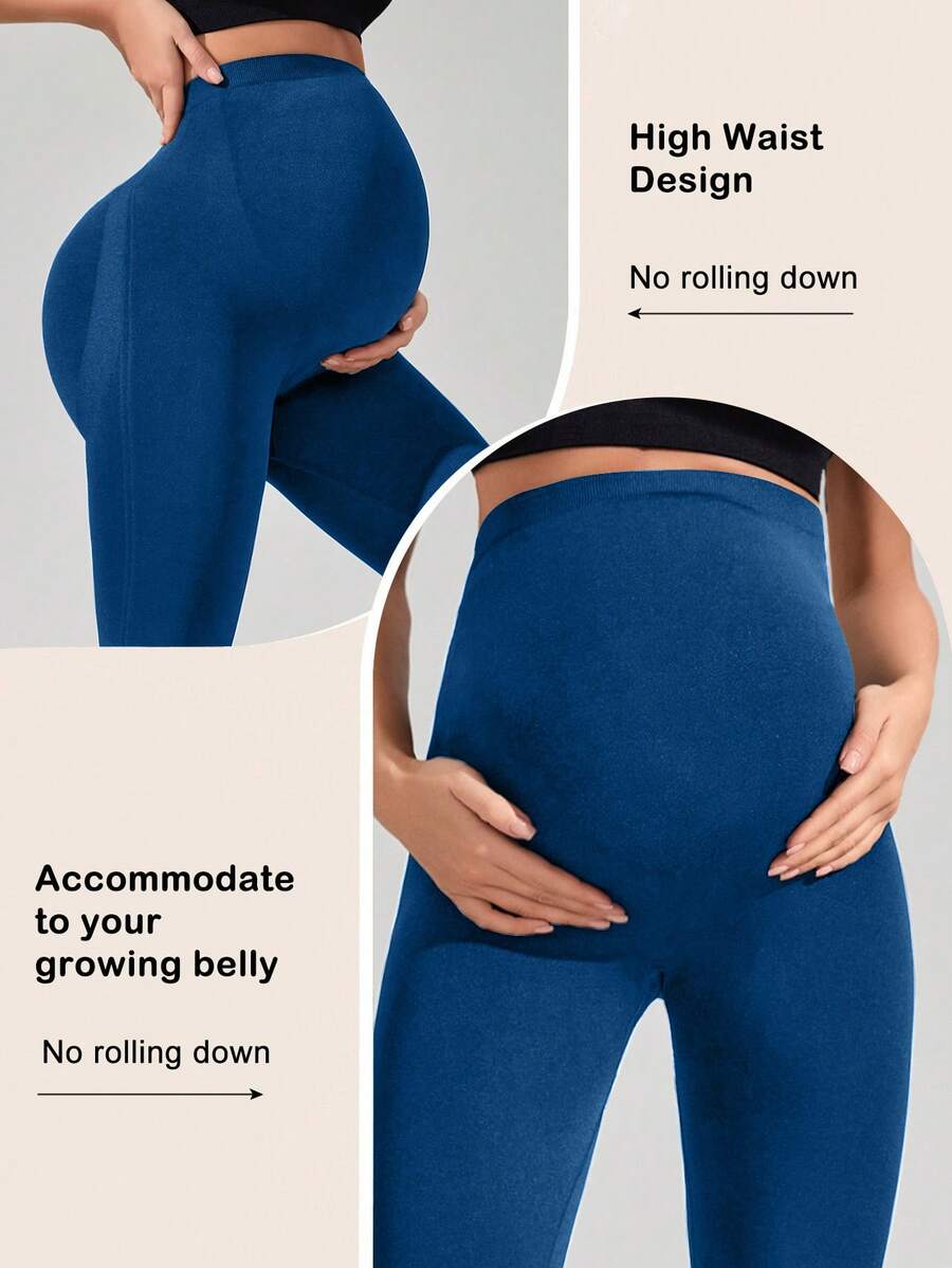 Navy Blue High Waisted Maternity Yoga Leggings - High Stretch Skinny Fit Activewear - Seamless Comfort Daily Wear Pregnancy Tights