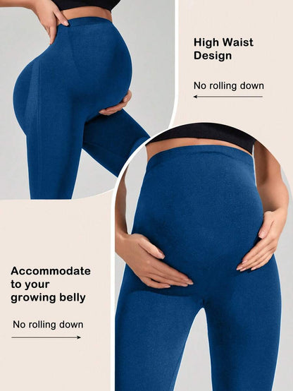 Navy Blue High Waisted Maternity Yoga Leggings - High Stretch Skinny Fit Activewear - Seamless Comfort Daily Wear Pregnancy Tights