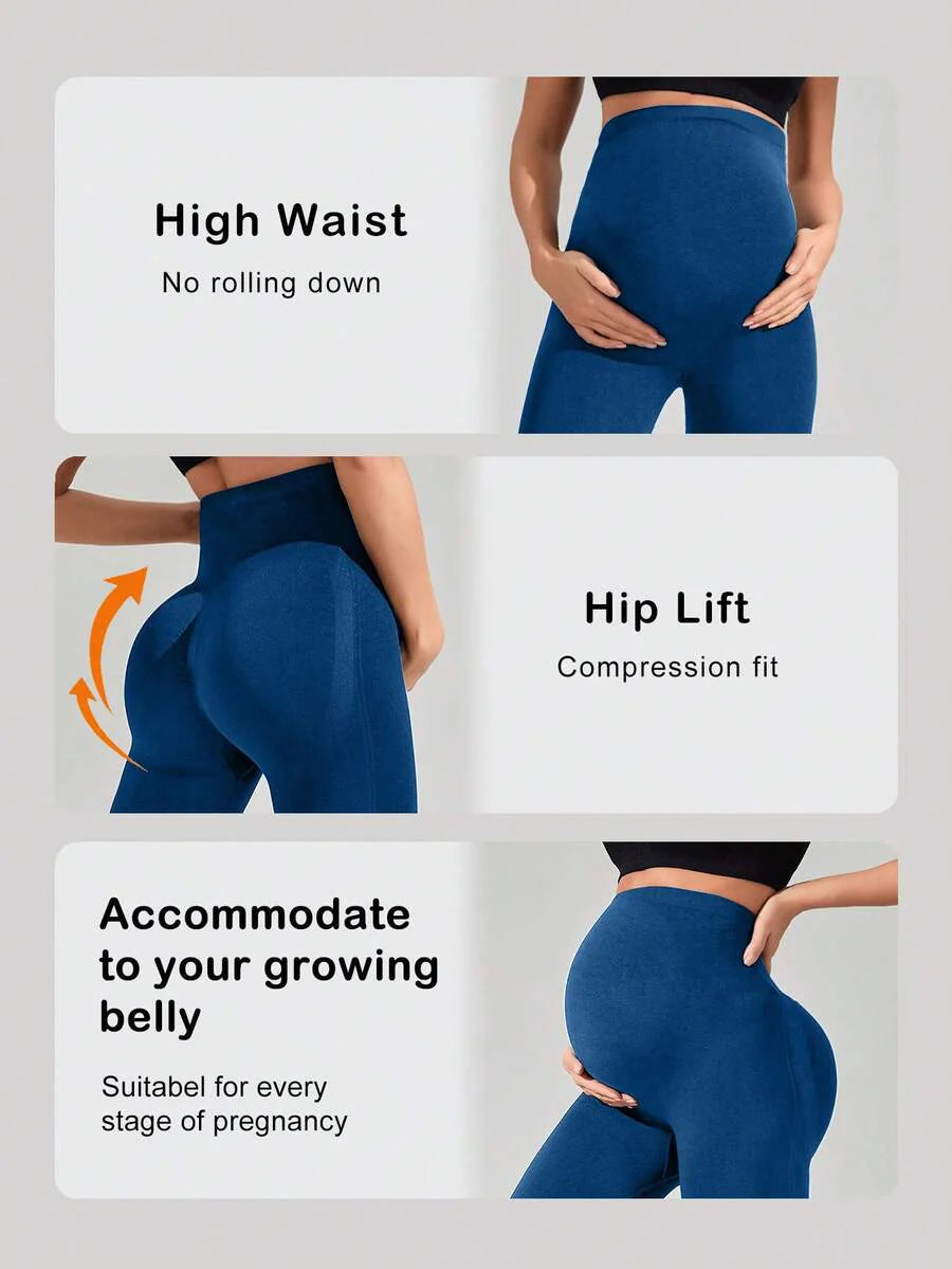 Navy Blue High Waisted Maternity Yoga Leggings - High Stretch Skinny Fit Activewear - Seamless Comfort Daily Wear Pregnancy Tights