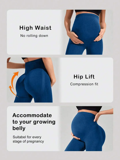 Navy Blue High Waisted Maternity Yoga Leggings - High Stretch Skinny Fit Activewear - Seamless Comfort Daily Wear Pregnancy Tights